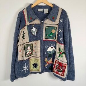 Basic Editions Rabbit Hair Patchwork Holiday Zip Up Ugly Christmas Sweater‎ XL